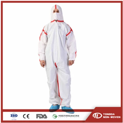 Одноразовая защитная одежда из нетканого материала с водонепроницаемой микропористой антистатической изоляцией и капюшоном для промышленности.
